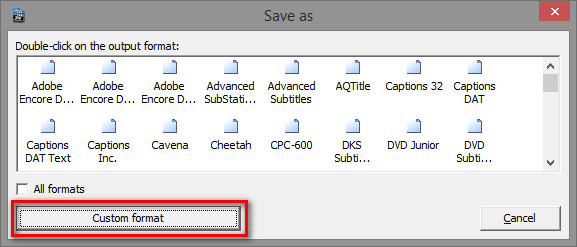 Кнопка Custom format в окне Save as Subtitle Workshop 6.0b