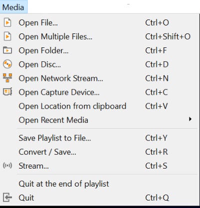 Меню Media настольного VLC 3.0 в Windows с командами Open File, Open Folder, Convert / Save и Stream