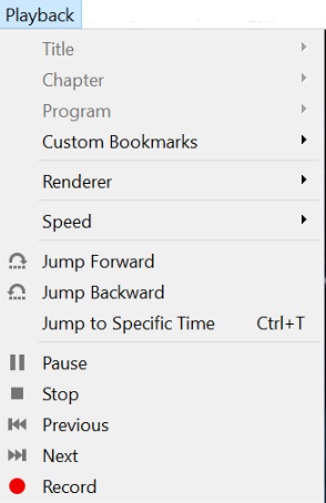 Меню Playback VLC 3.0 с командами скорости, перехода ко времени, паузы, остановки, предыдущего и следующего элемента