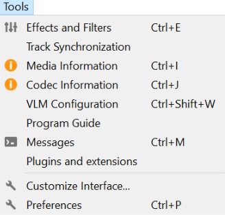 Меню Tools VLC 3.0 с Effects and Filters, Track Synchronization, Media Information, Codec Information, Messages и Preferences