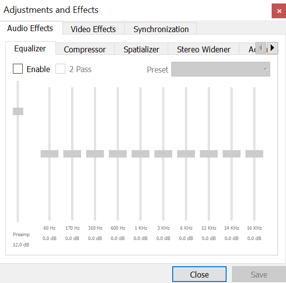 Окно Adjustments and Effects VLC 3.0 на вкладке Audio Effects с десятиполосным эквалайзером