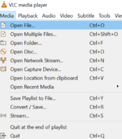 Команда Open File в меню Media настольного VLC