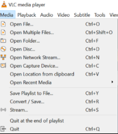 Меню Media VLC с командами Open Multiple Files, Open Folder и Save Playlist to File