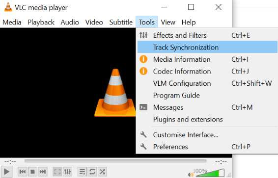 Меню Tools VLC с выделенной командой Track Synchronization