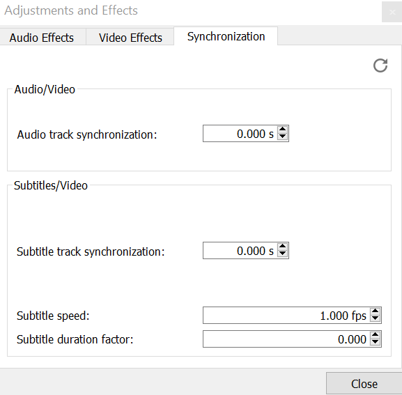 Вкладка Synchronization в VLC с параметрами Audio track synchronization и Subtitle track synchronization