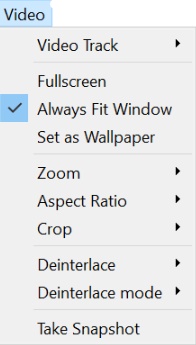 Меню Video VLC 3.0 с Fullscreen, Zoom, Aspect Ratio, Crop, Deinterlace и Take Snapshot