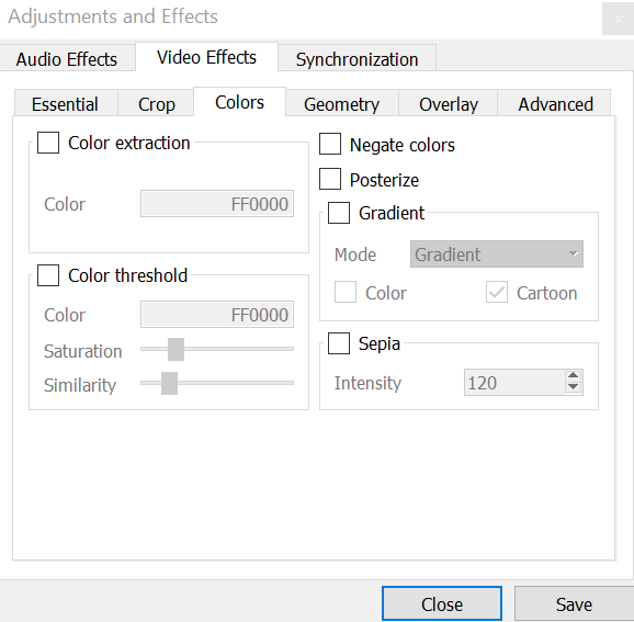 Окно Video Effects VLC 3.0 с вкладками Essential, Crop, Colors, Geometry, Overlay и Advanced