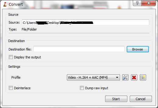Окно Convert VLC с полями Destination file и Profile и кнопкой Start