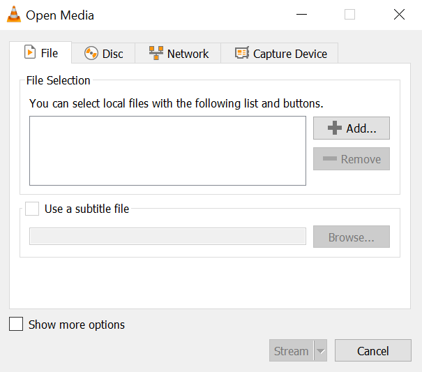 Окно Open Media VLC с вкладками File, Disc, Network и Capture Device и кнопкой Add
