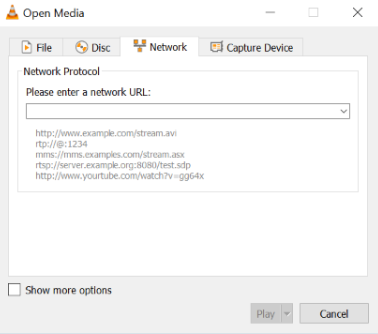 Окно Open Media VLC на вкладке Network с полем для сетевого URL