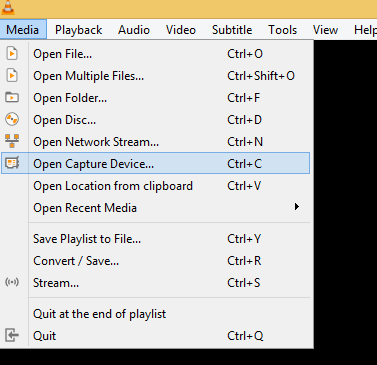 Меню Media VLC 3.0 с командой Open Capture Device