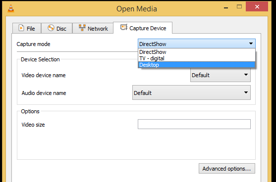 Окно Open Media VLC на вкладке Capture Device с выбранным режимом Desktop