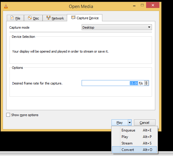 Окно Capture Device VLC с выбранным Desktop и меню стрелки Play, где доступен Convert