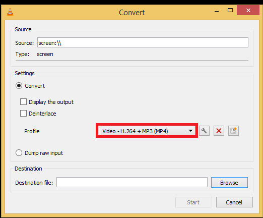 Окно Convert VLC для записи рабочего стола с выбранным профилем Video H.264 plus MP3 MP4