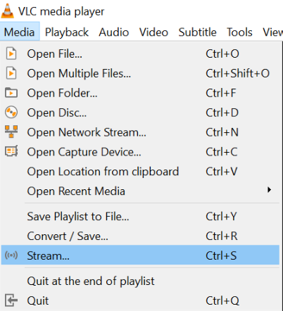 Команда Stream в меню Media VLC