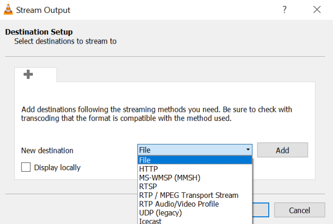 Шаг Destination Setup мастера VLC со списком назначений File, HTTP, RTSP, RTP, UDP и Icecast