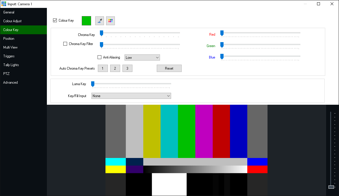 Панель Colour Key vMix 29 с Auto Chroma Key и параметрами ключа