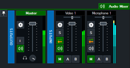 Audio Mixer vMix 29 с Master, входами, Solo, Mute и шинами M A B