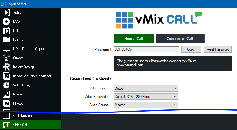 Окно Video Call vMix 29 с Host a Call, Password и Return Feed