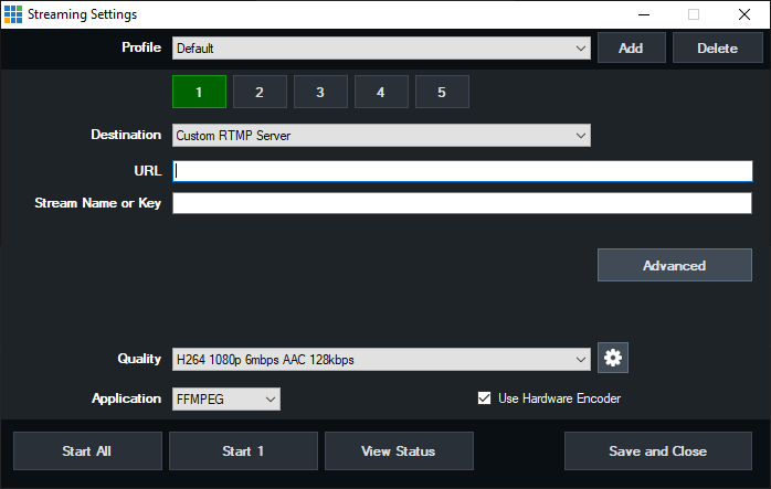 Streaming Settings vMix 29 с выбором провайдера и настройкой потока