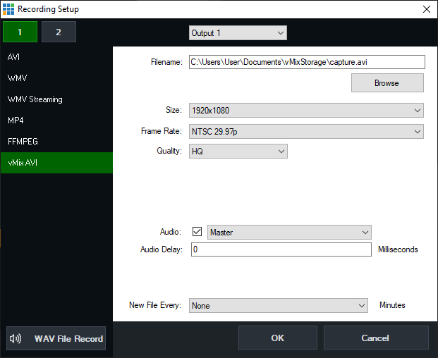 Recording Setup vMix 29 с форматом vMix AVI и параметрами записи