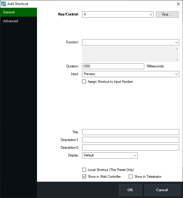 Окно Add Shortcut vMix 29 с Key/Control, Function, Duration, Input и Web Controller