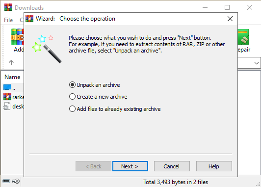 Окно WinRAR Wizard с выбором распаковки, создания нового архива или добавления файлов