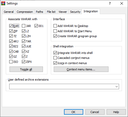 Официальное окно Settings Integration WinRAR с ассоциациями файлов и интеграцией в оболочку