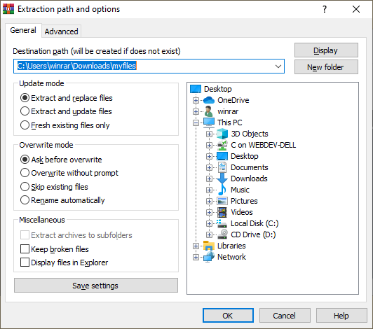 Окно WinRAR Extraction path and options с путём назначения и режимом перезаписи