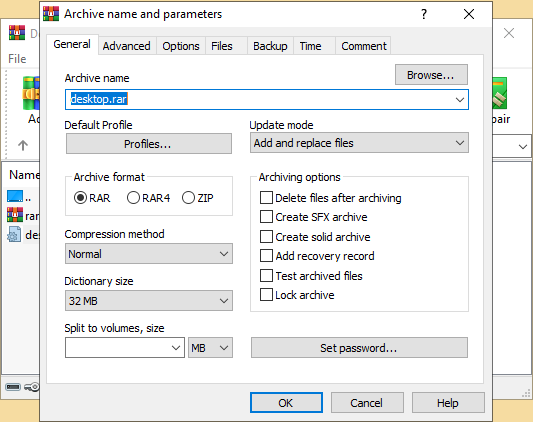 Официальная иллюстрация Archive name and parameters в WinRAR с выбором RAR, ZIP, метода сжатия, томов и пароля