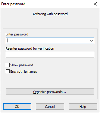 Окно WinRAR Enter password при создании архива с флажком Encrypt file names