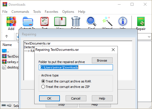 Окно WinRAR Repairing с выбором папки и типа повреждённого архива