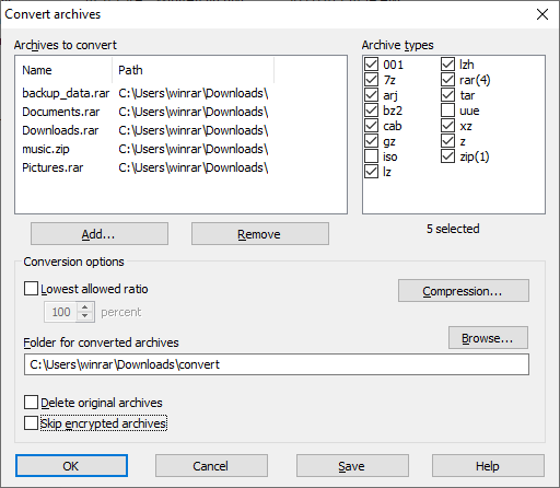 Окно WinRAR Convert archives со списком архивов, типами и папкой назначения