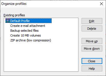 Окно WinRAR Organize profiles со списком сохранённых профилей