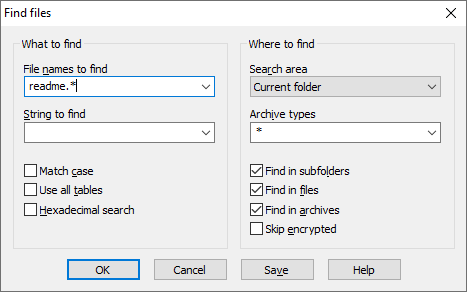 Окно WinRAR Find files с маской имени, областью поиска и флажком Find in archives