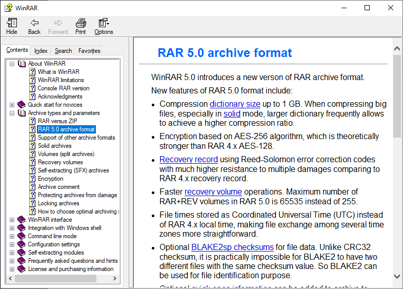 Встроенная справка WinRAR с деревом разделов по интерфейсу, форматам, шифрованию и командной строке