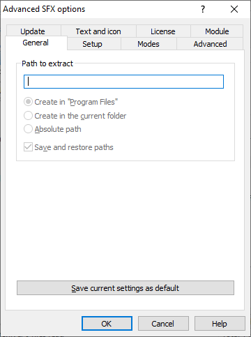 Окно Advanced SFX options WinRAR с параметрами пути распаковки