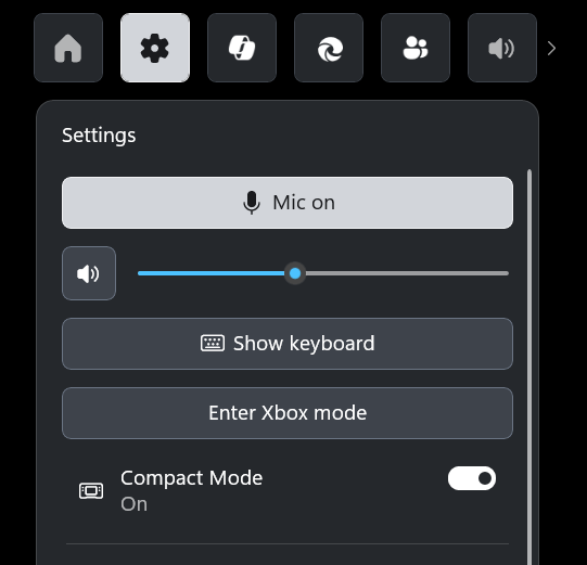 Настройки Game Bar с переключателем Compact Mode и входом в Xbox mode