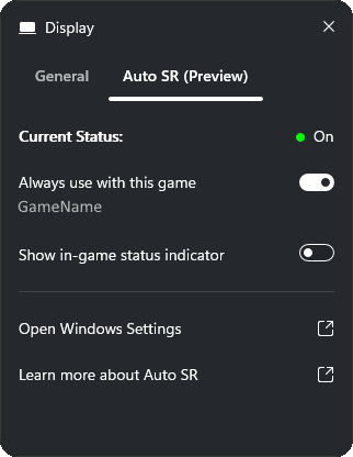 Виджет Display Xbox Game Bar на вкладке Auto SR с Current Status и переключателями