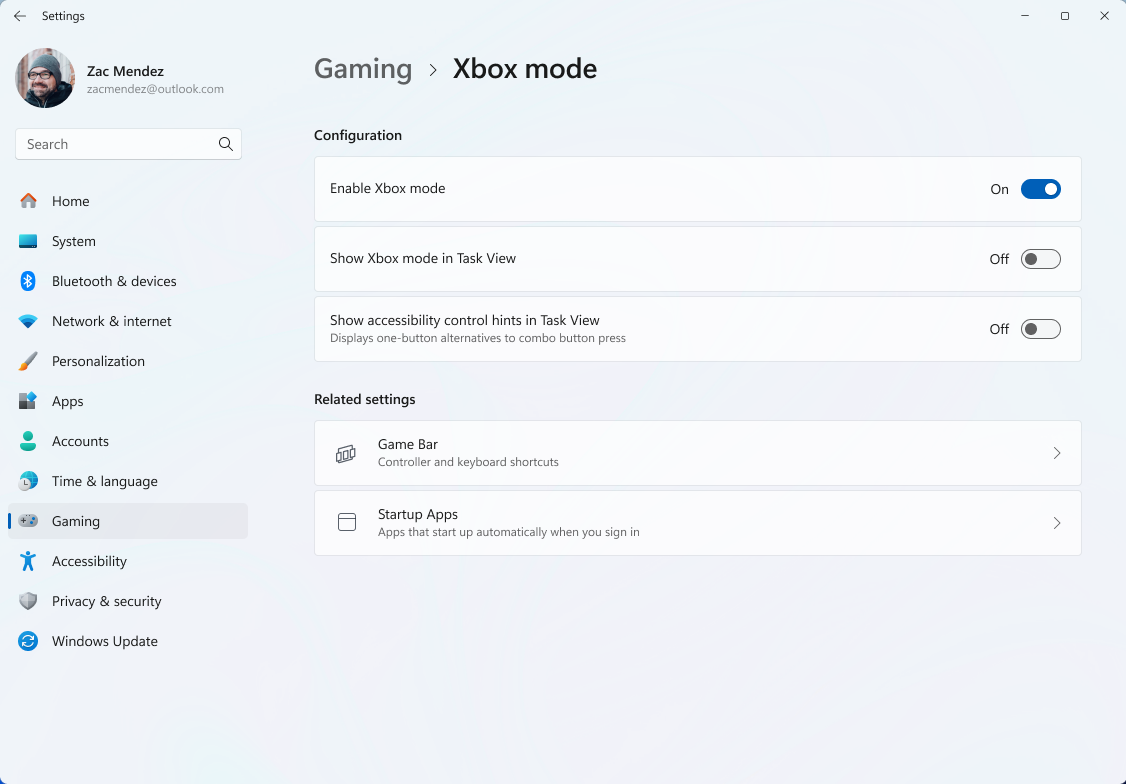 Windows 11 Settings на странице Gaming → Xbox mode