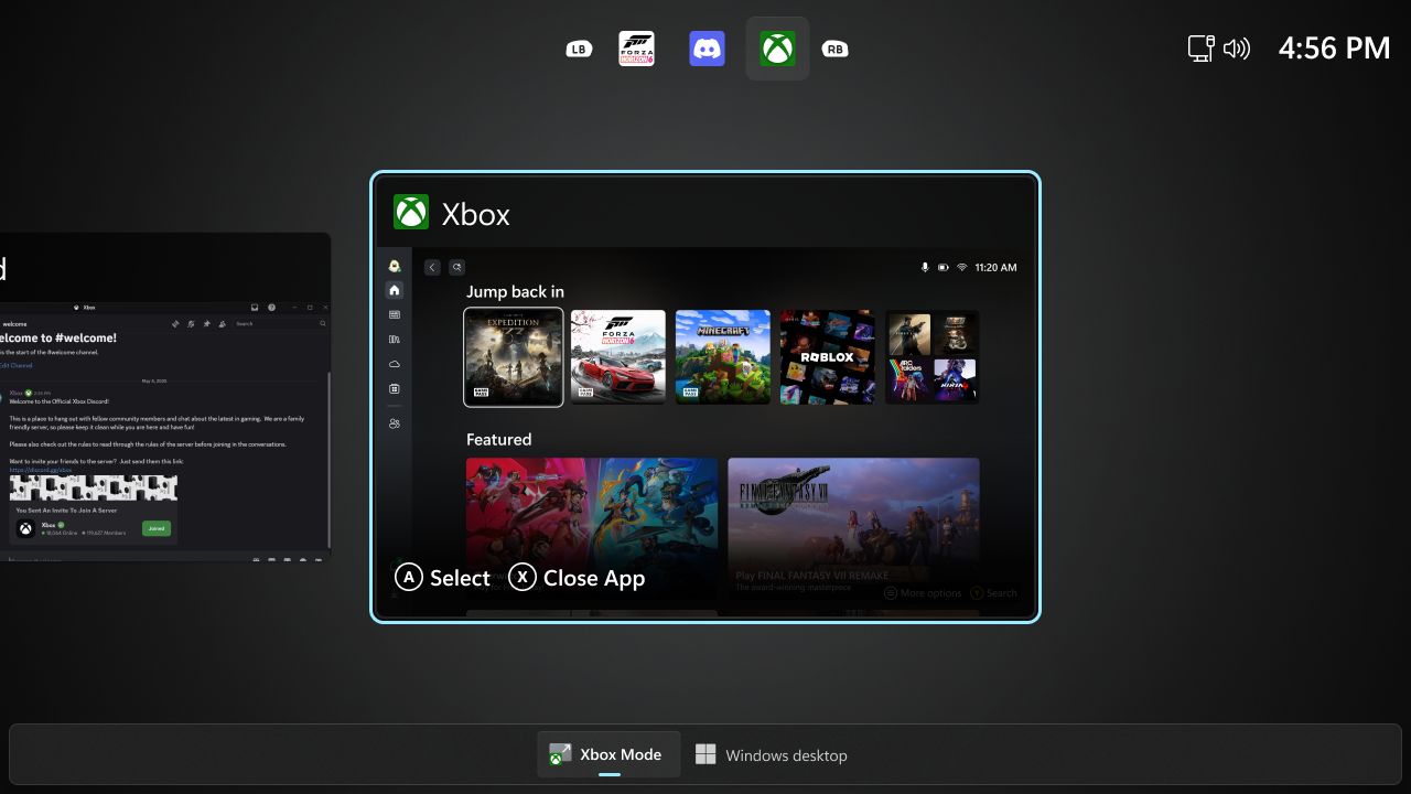 Task View в Xbox mode с выбором приложений и переходом к Windows desktop
