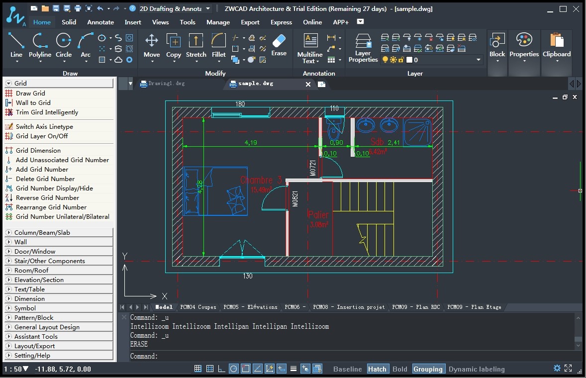 Интерфейс ZWCAD Architecture 2018 с раскрытой группой Grid и командами Draw Grid, Grid Dimension и нумерации осей