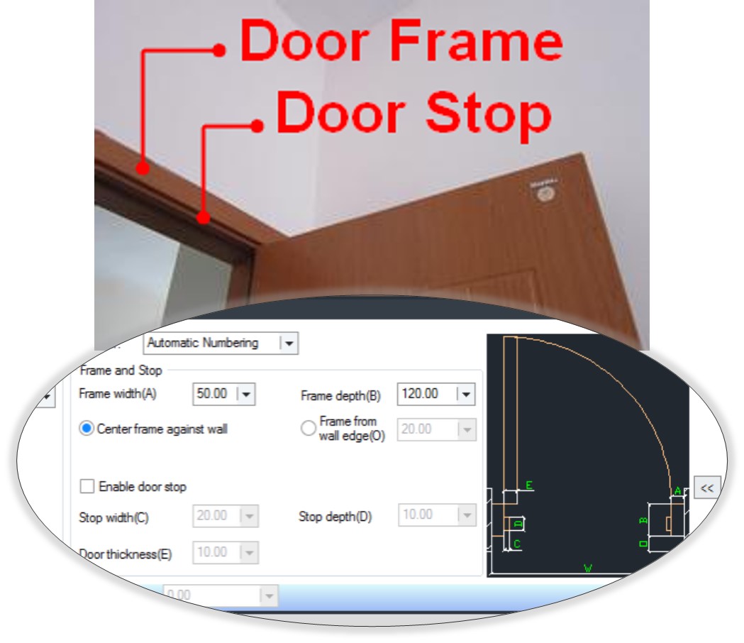 Диалог параметров двери ZWCAD Architecture с блоком Frame and Stop и настройками коробки и упора