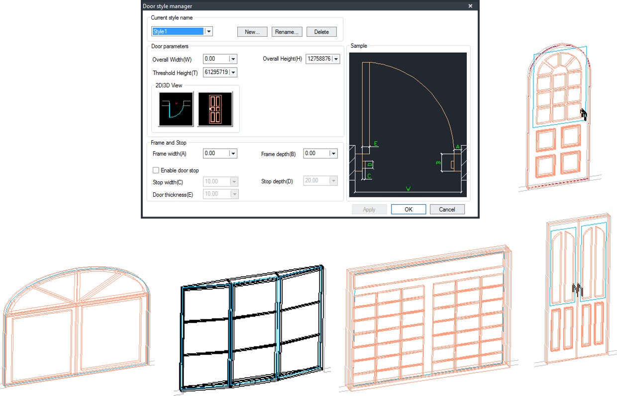 Style Manager двери ZWCAD Architecture с именем стиля, размерами и 2D/3D-предпросмотром