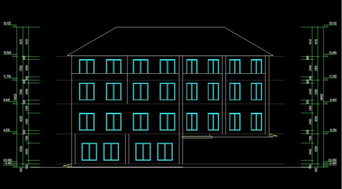 Сформированный фасад здания в ZWCAD Architecture с окнами, кровлей и этажными уровнями