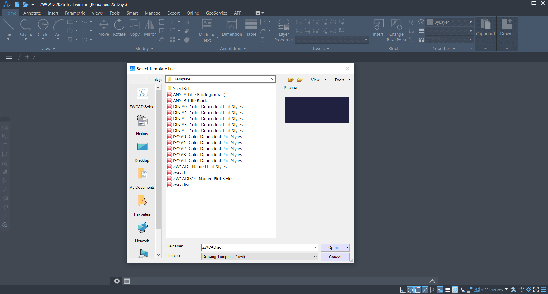 Окно Select Template File в ZWCAD со списком DWT-шаблонов
