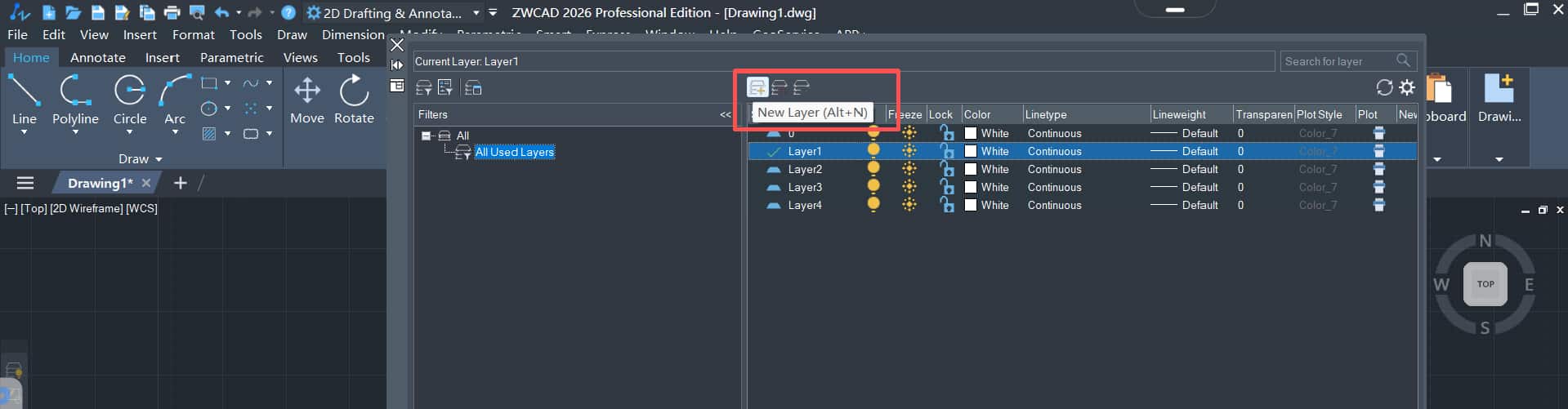Layer Properties Manager ZWCAD с командой New Layer и таблицей свойств слоёв