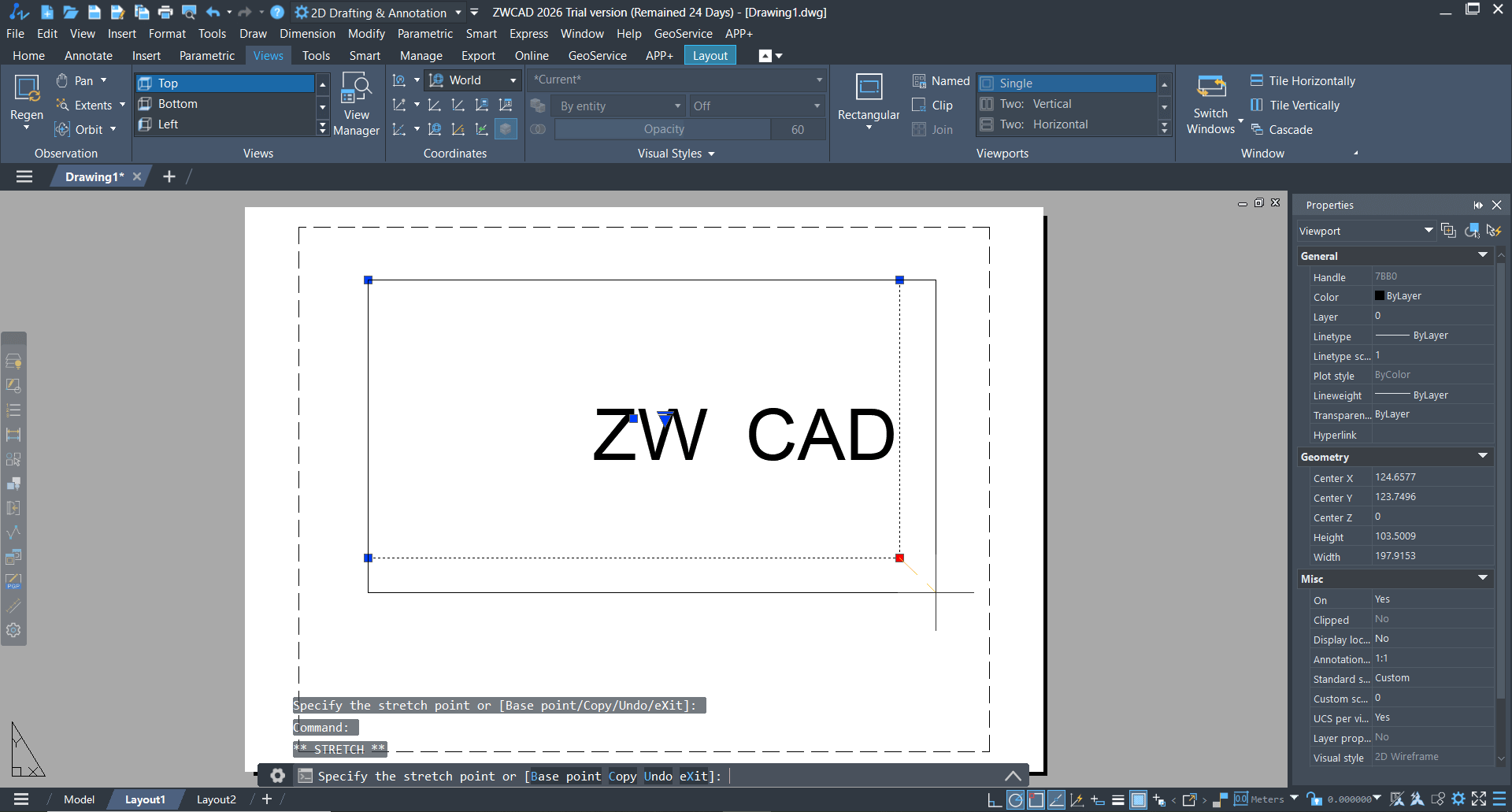 Layout ZWCAD с листом и viewport, показывающим модель